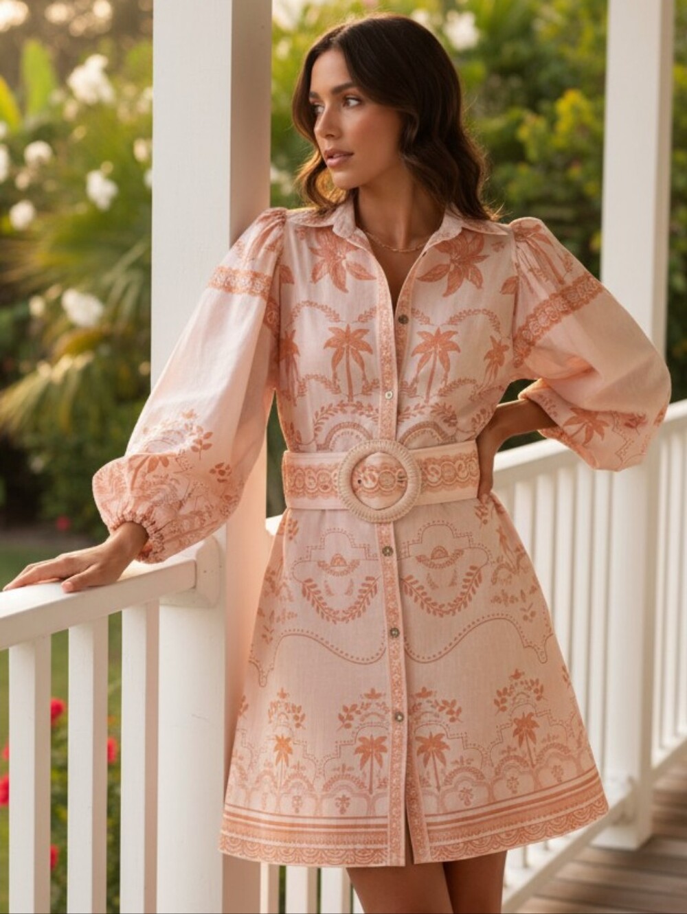 Palm Beach Belted Waist Button Down Baloon Long Sleeve Boho Mini Shirt Dress - Picture 1 of 10